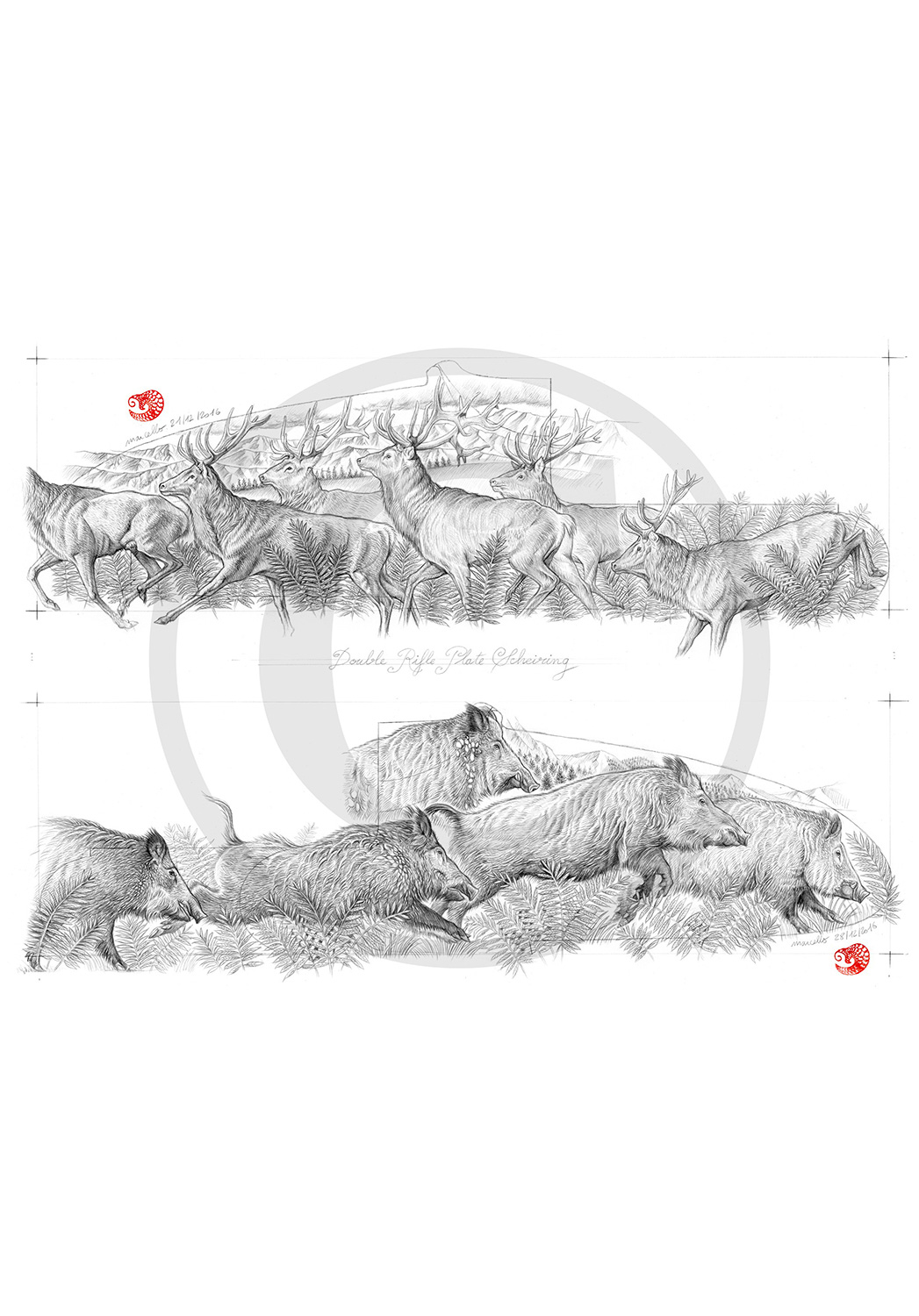 Marcello-art : Faune zones tempérées 359 - Harde de cerfs et sangliers modèle gravure