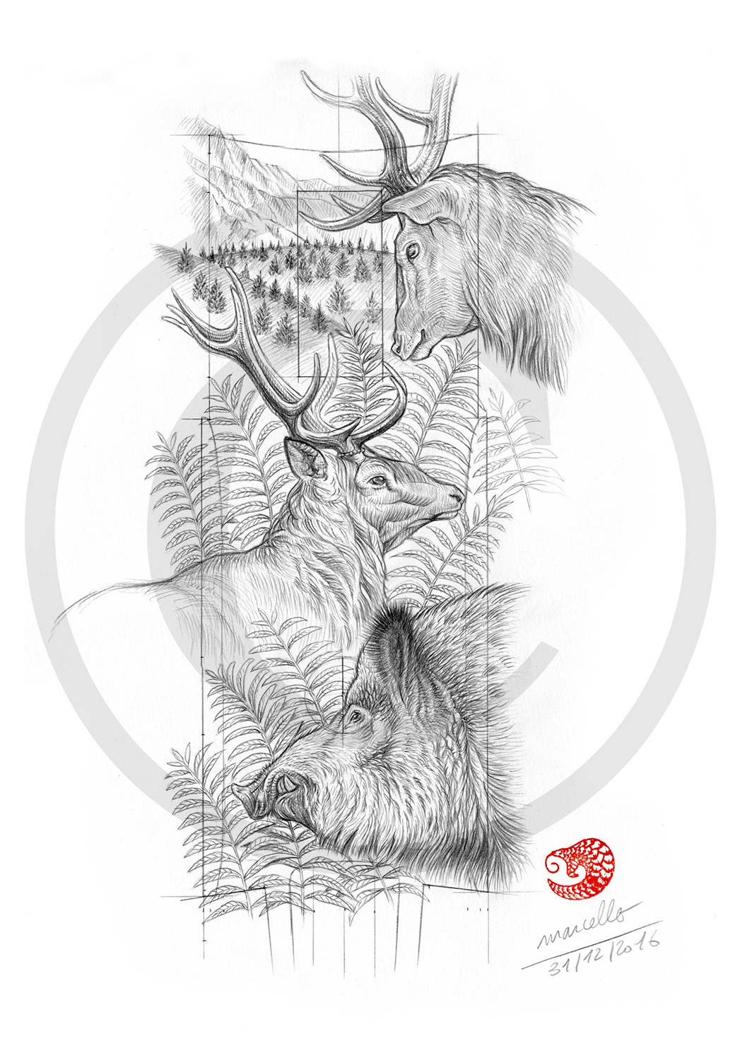 Marcello-art : Faune zones tempérées 360 - Harde de cerfs et sangliers modèle gravure