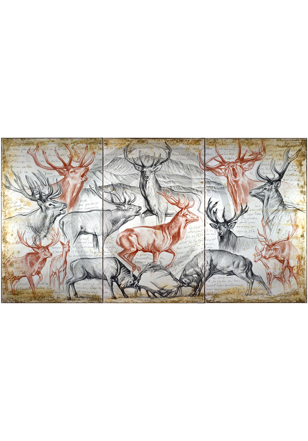 Marcello-art : Originaux sur toile 295 - Triptyque brame cerf Elaphe